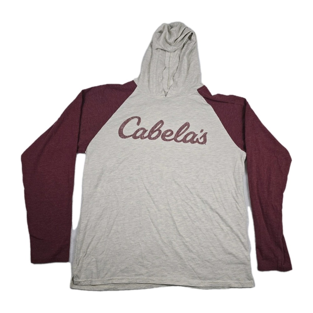 Cabelas Mens Large Gray Burgundy Raglan Long Sleeve Script Logo Hoodie Shirt